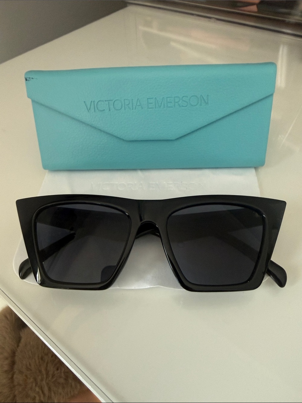Victoria Emerson Black Square Sunglasses with Dark Lenses